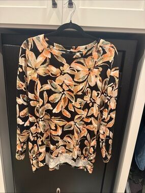 Tribal Black Floral Long-Sleeve Top with Peach and Cream Accents